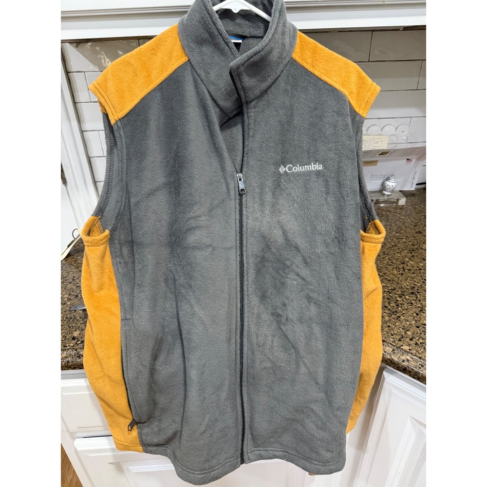 Columbia Mens Fleece Vest XL Gray Yellow Colorblock Full Zip Mock Neck Hiking